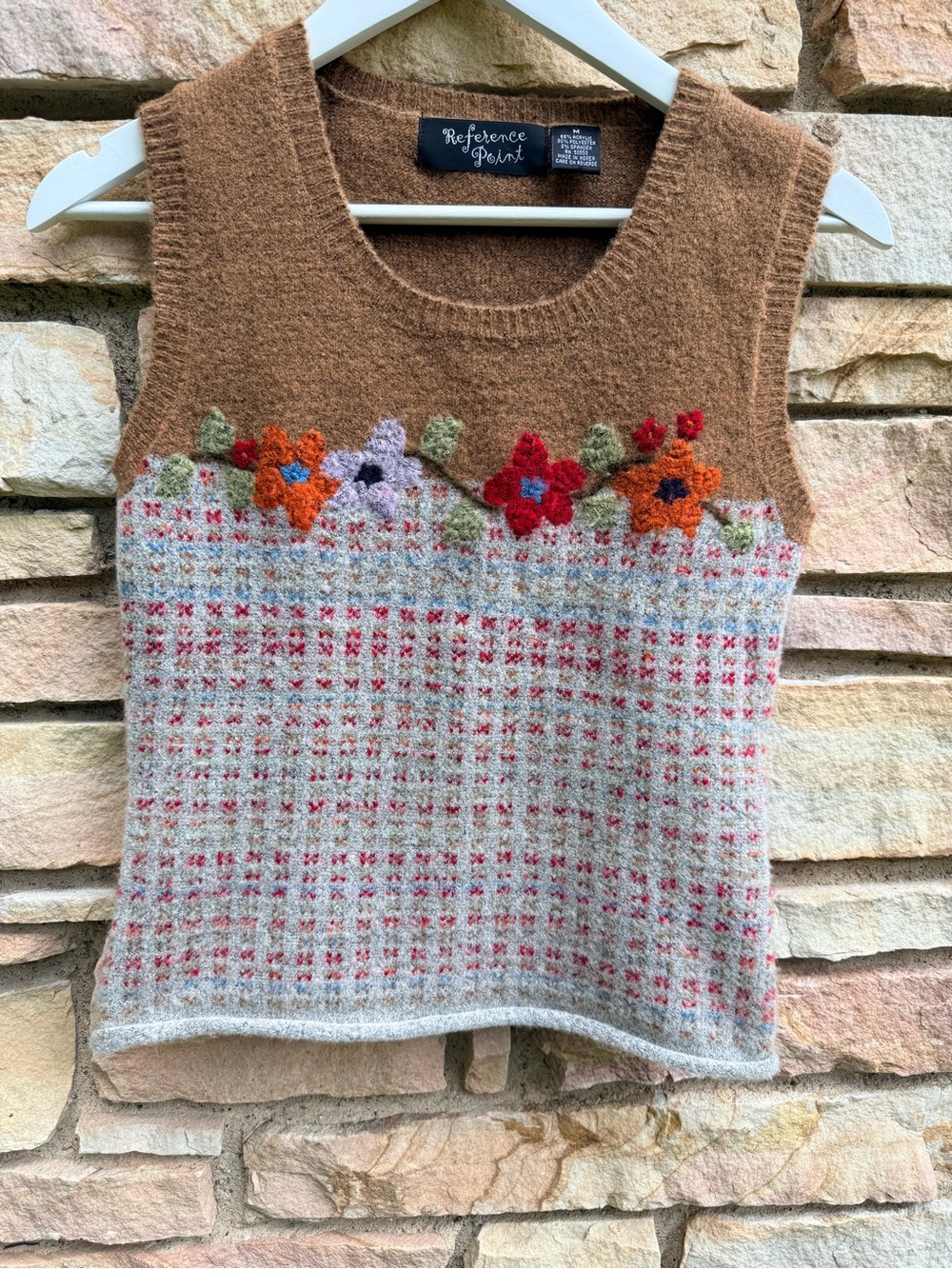 Reference Point Brown & Cream Floral Knit Sleeveless Sweater Vest Sz. M